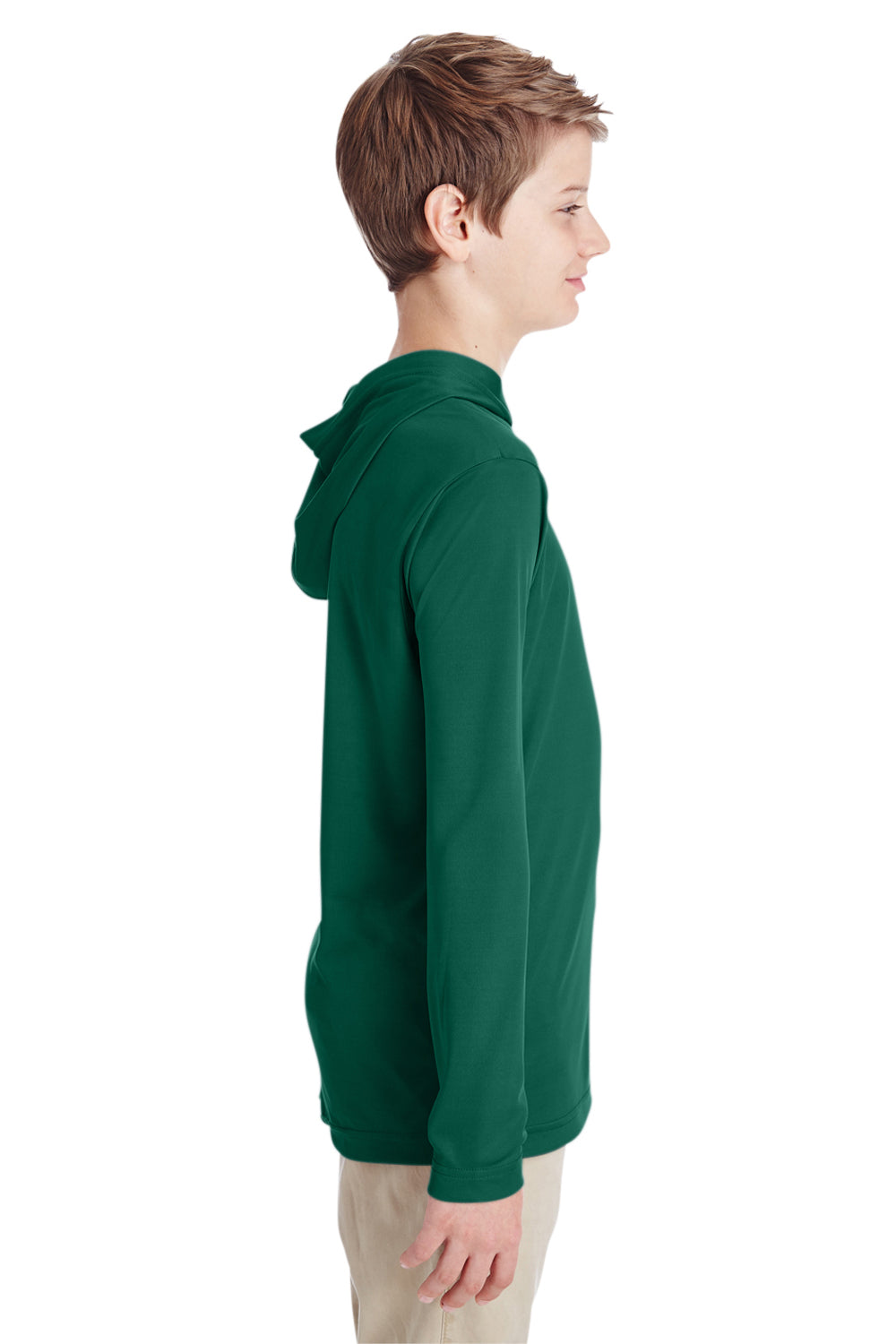 Team 365 TT41Y Youth Zone Performance Moisture Wicking Long Sleeve Hooded T-Shirt Hoodie Forest Green Model Side