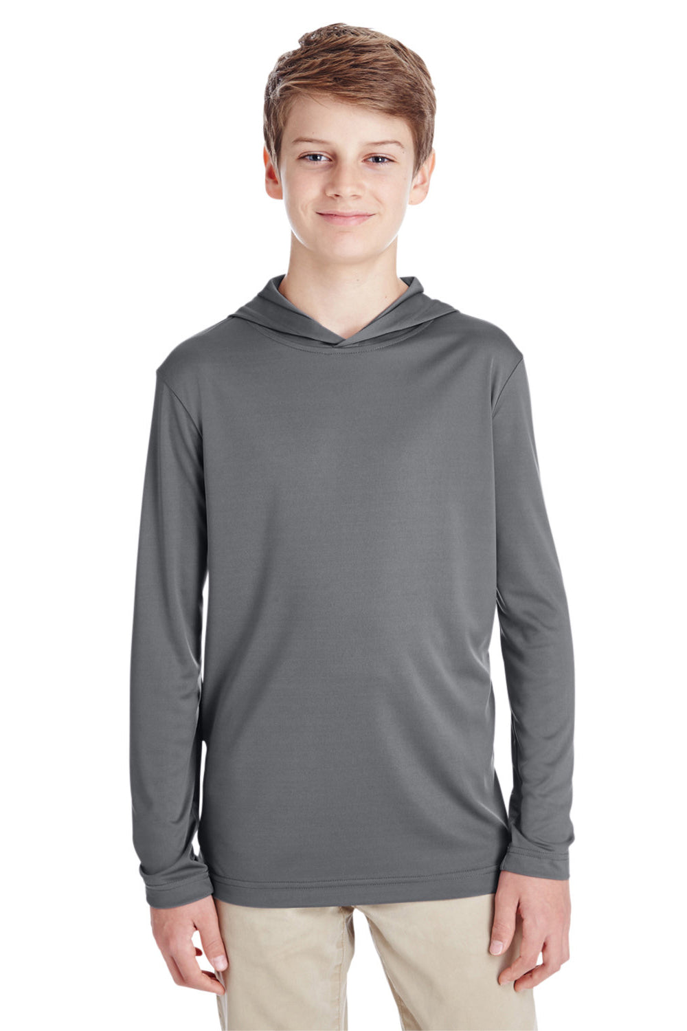 Team 365 TT41Y Youth Zone Performance Moisture Wicking Long Sleeve Hooded T-Shirt Hoodie Graphite Grey Model Front