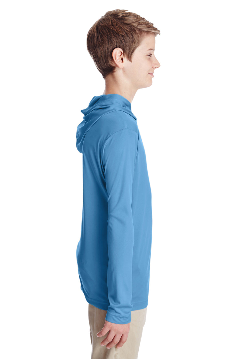 Team 365 TT41Y Youth Zone Performance Moisture Wicking Long Sleeve Hooded T-Shirt Hoodie Light Blue Model Side