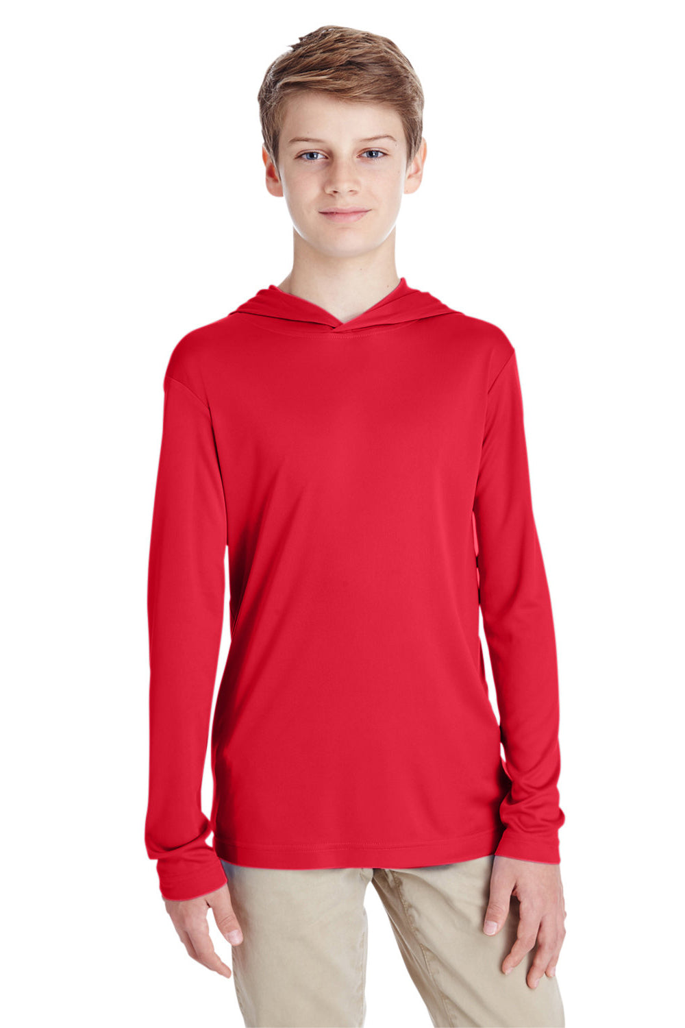 Team 365 TT41Y Youth Zone Performance Moisture Wicking Long Sleeve Hooded T-Shirt Hoodie Red Model Front