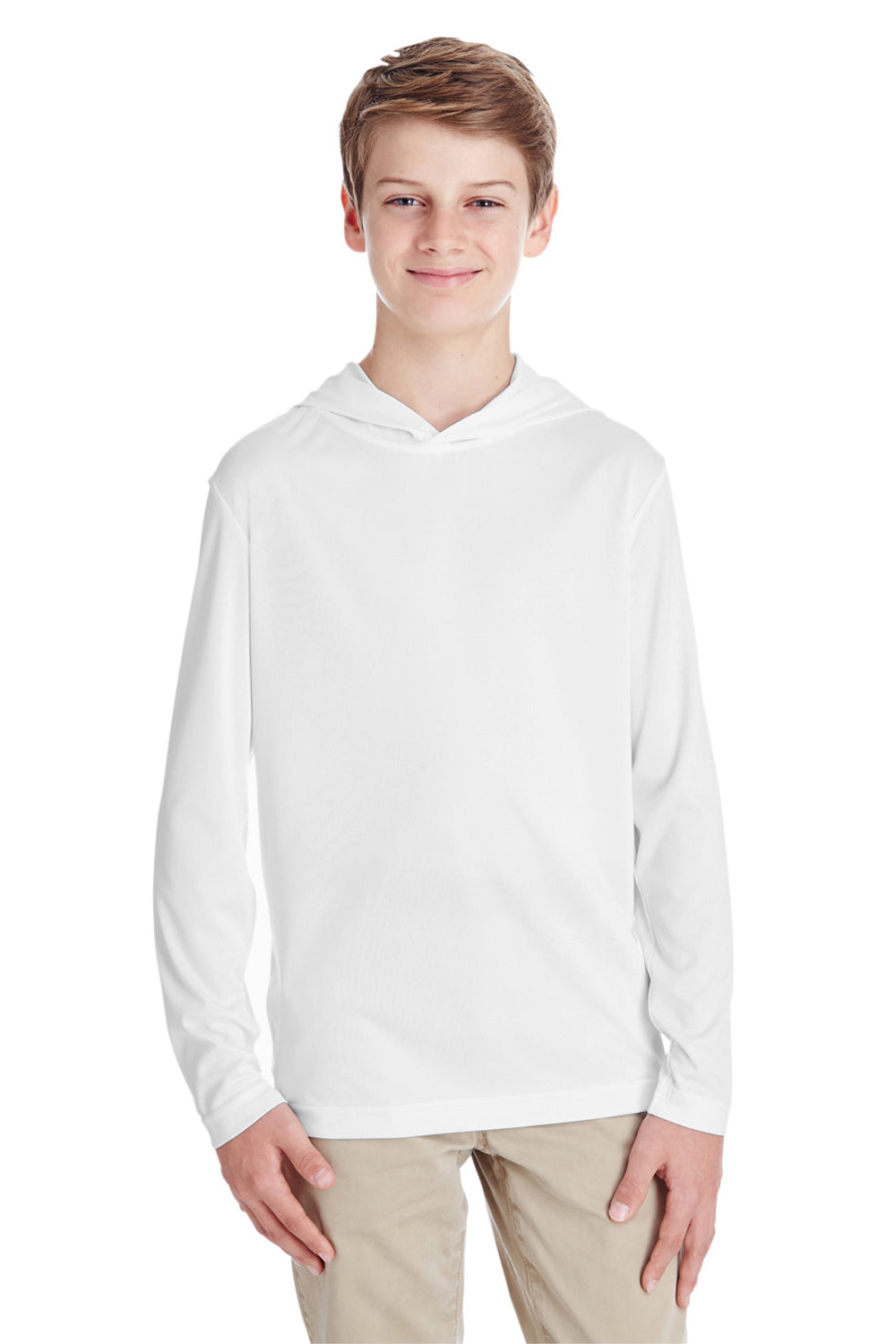 Team 365 TT41Y Youth Zone Performance Moisture Wicking Long Sleeve Hooded T-Shirt Hoodie White Model Front