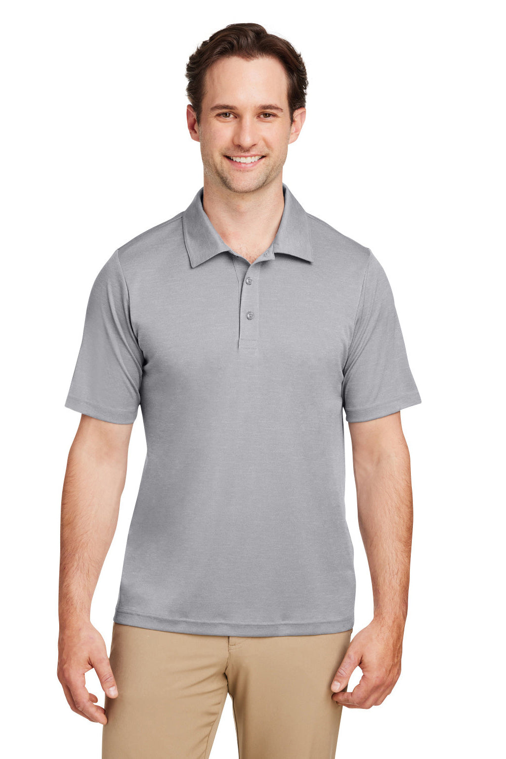 Team 365 TT51H Mens Zone Sonic Moisture Wicking Short Sleeve Polo Shirt Heather Grey Model Front