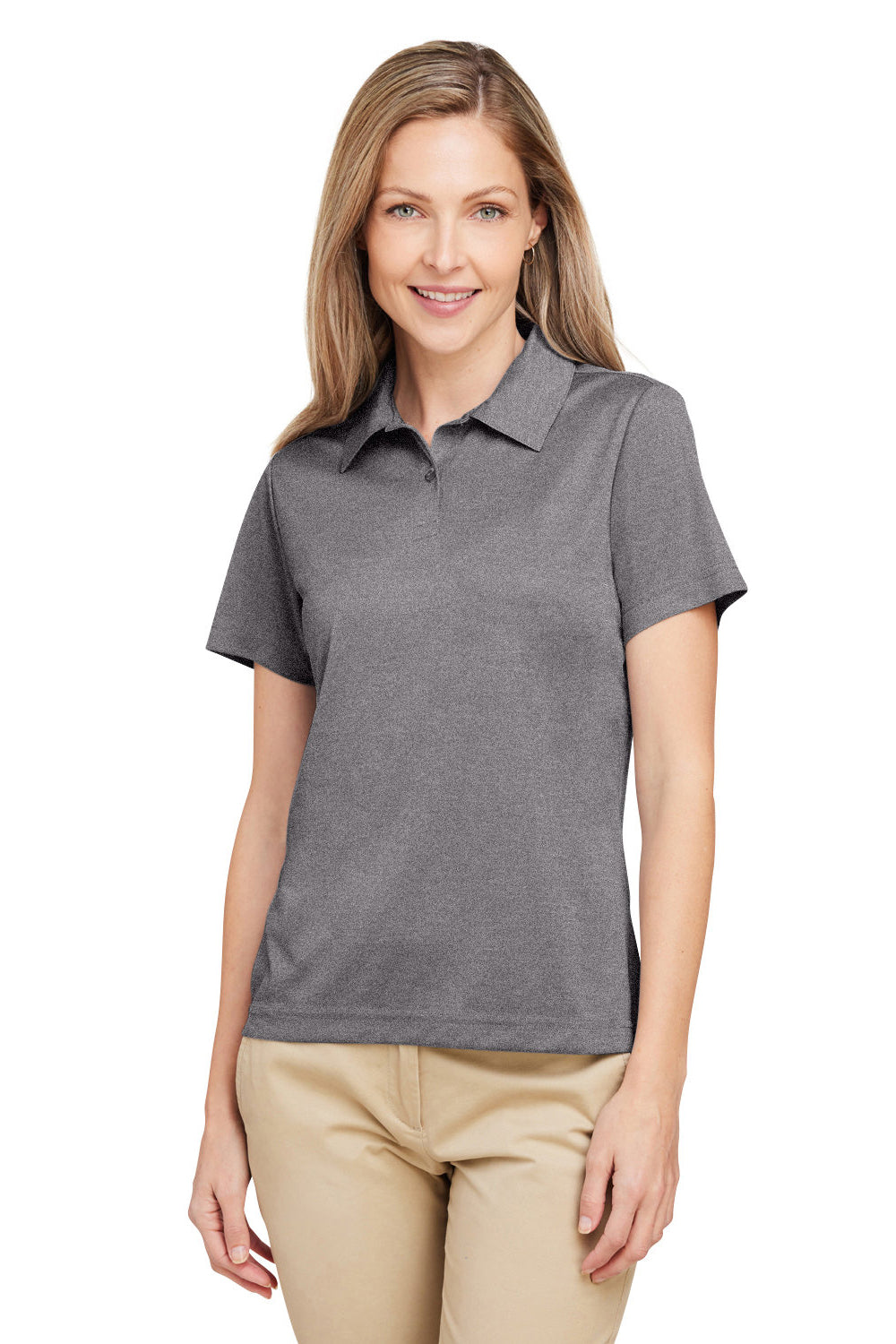 Team 365 TT51HW Womens Zone Sonic Moisture Wicking Short Sleeve Polo Shirt Heather Dark Grey Model Front