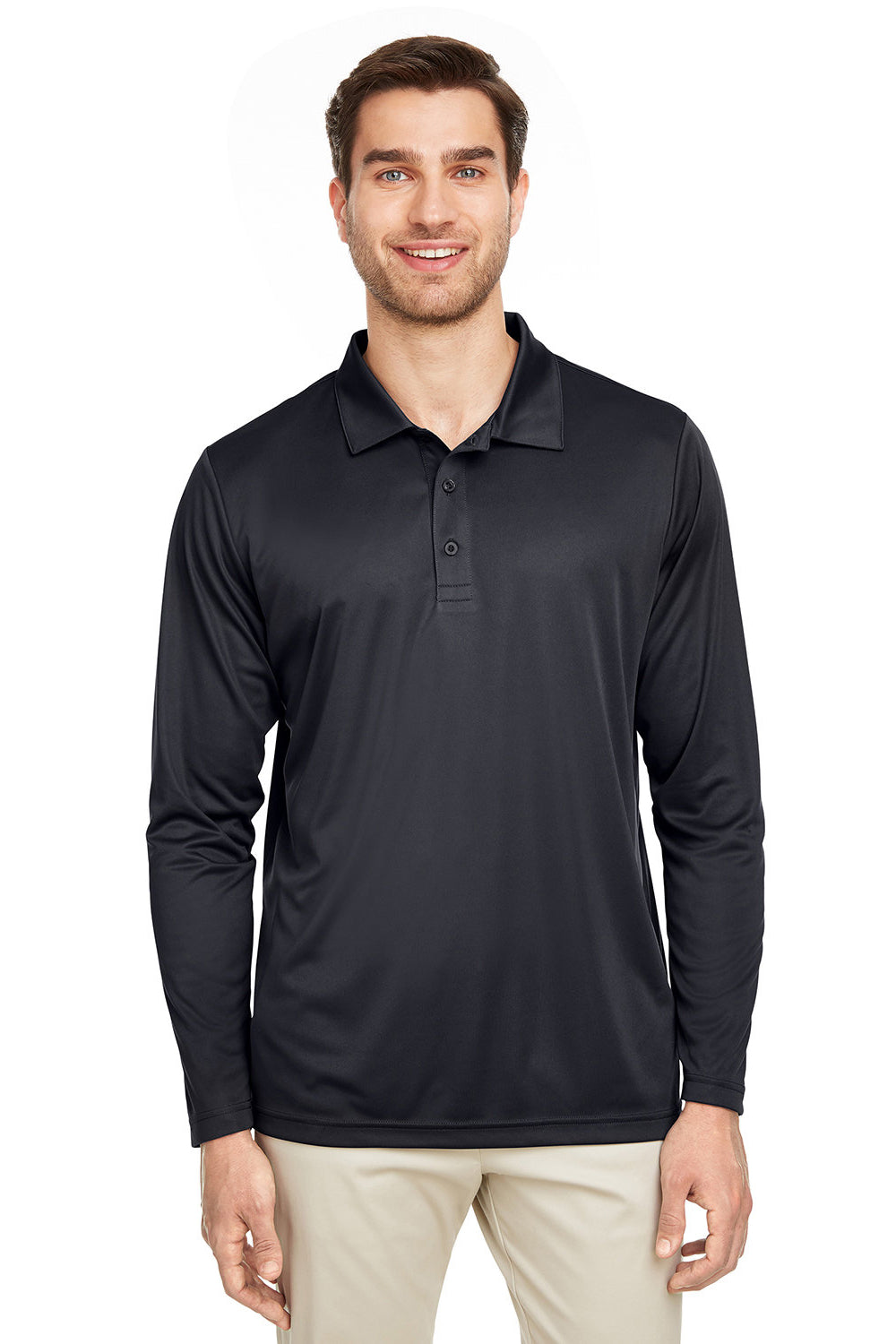 Team 365 TT51L Mens Zone Sonic Moisture Wicking Long Sleeve Polo Shirt Black Model Front