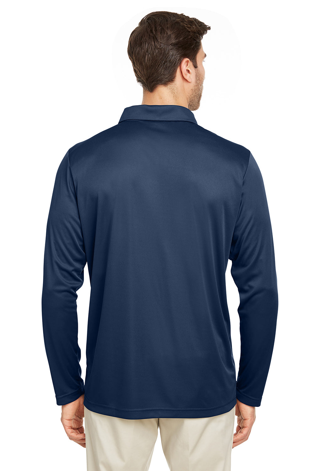 Team 365 TT51L Mens Zone Sonic Moisture Wicking Long Sleeve Polo Shirt Dark Navy Blue Model Back