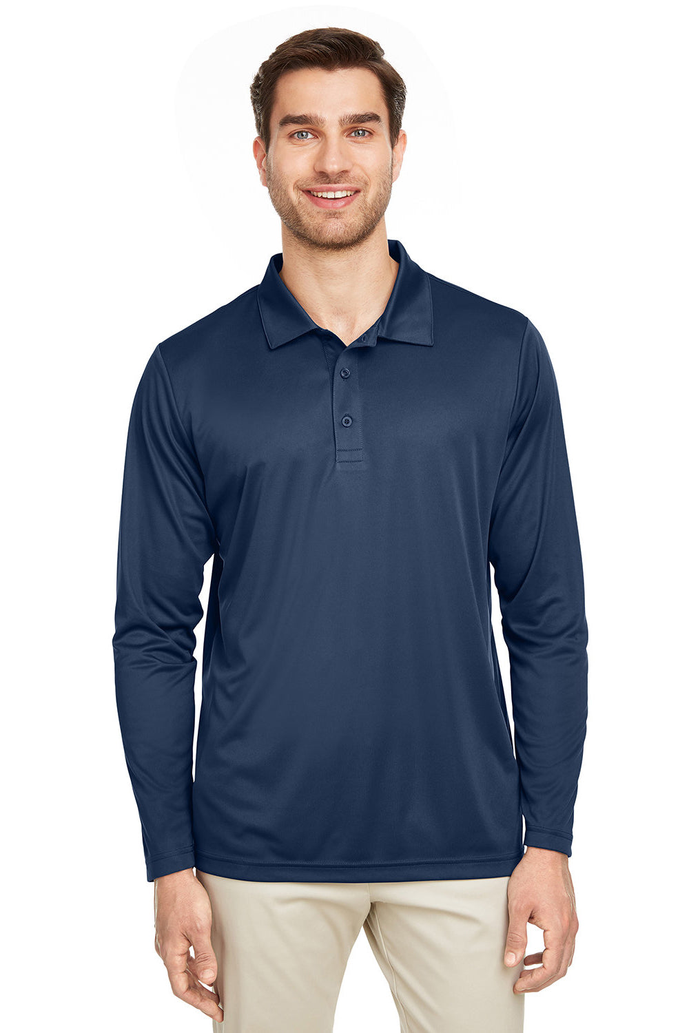 Team 365 TT51L Mens Zone Sonic Moisture Wicking Long Sleeve Polo Shirt Dark Navy Blue Model Front