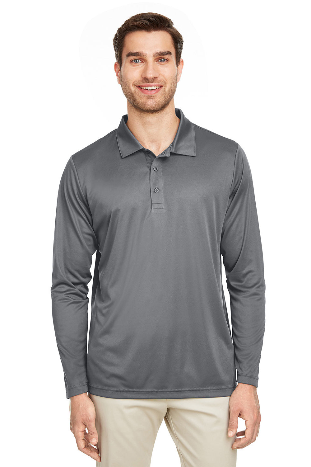 Team 365 TT51L Mens Zone Sonic Moisture Wicking Long Sleeve Polo Shirt Graphite Grey Model Front