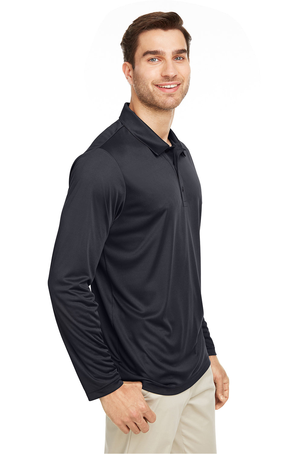 Team 365 TT51L Mens Zone Sonic Moisture Wicking Long Sleeve Polo Shirt Black Model Side