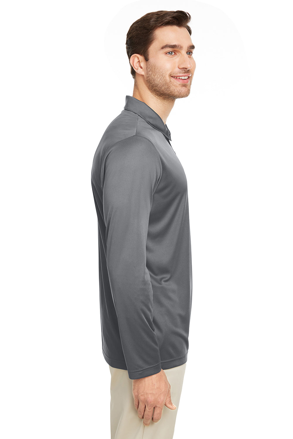 Team 365 TT51L Mens Zone Sonic Moisture Wicking Long Sleeve Polo Shirt Graphite Grey Model Side