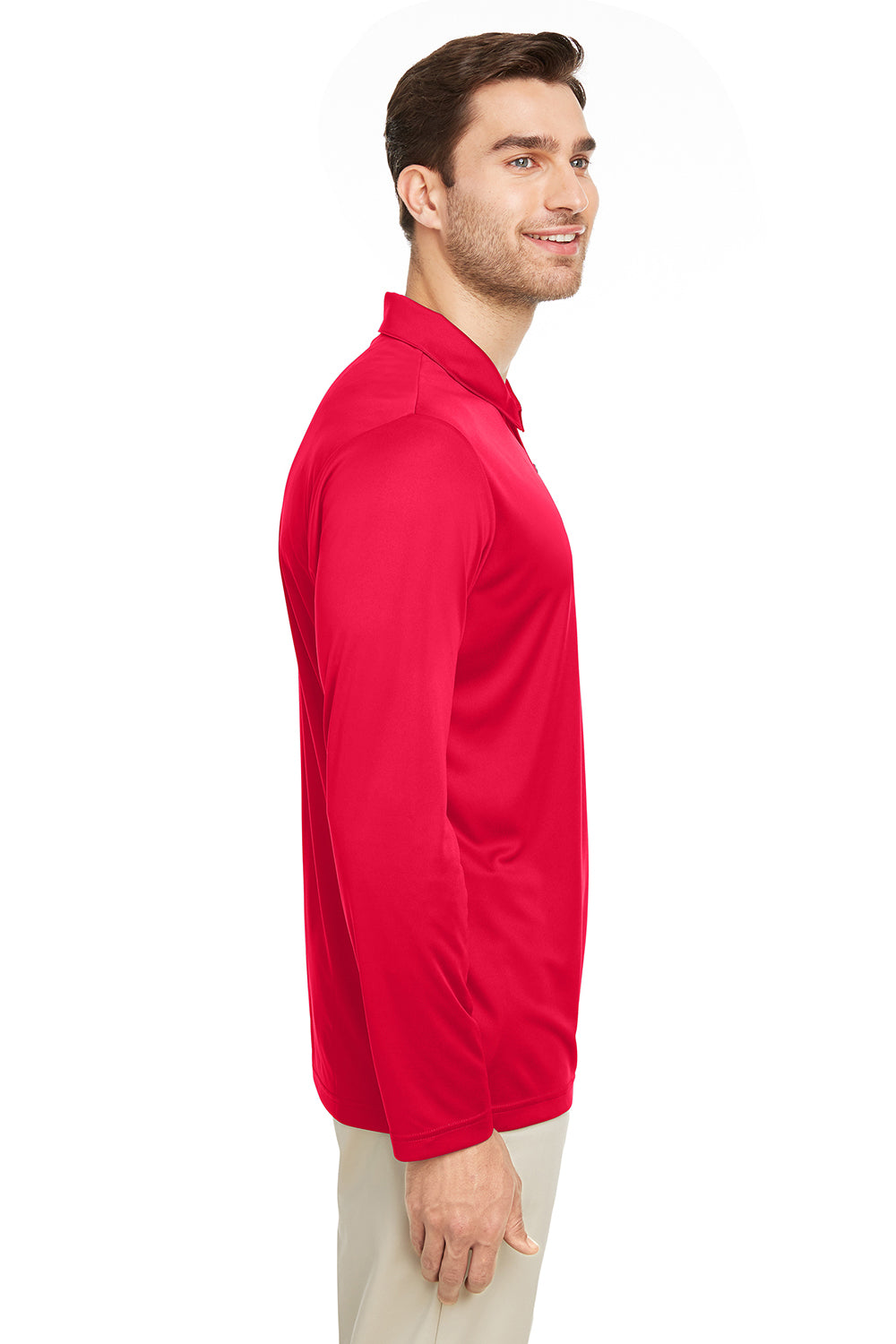 Team 365 TT51L Mens Zone Sonic Moisture Wicking Long Sleeve Polo Shirt Red Model Side