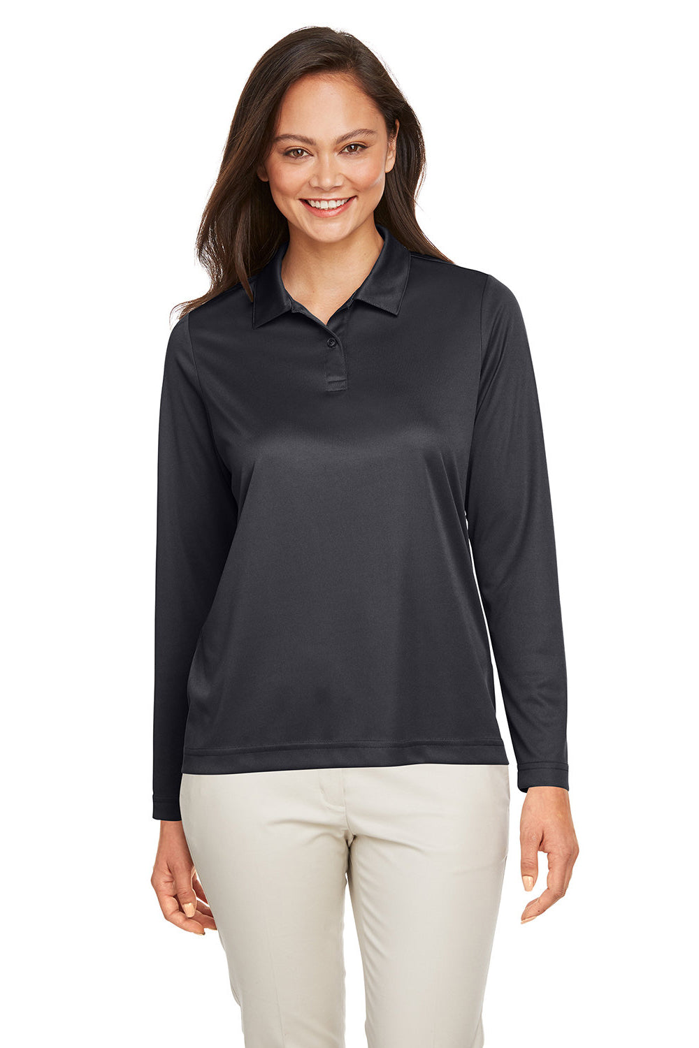 Team 365 TT51LW Womens Zone Sonic Moisture Wicking Long Sleeve Polo Shirt Black Model Front