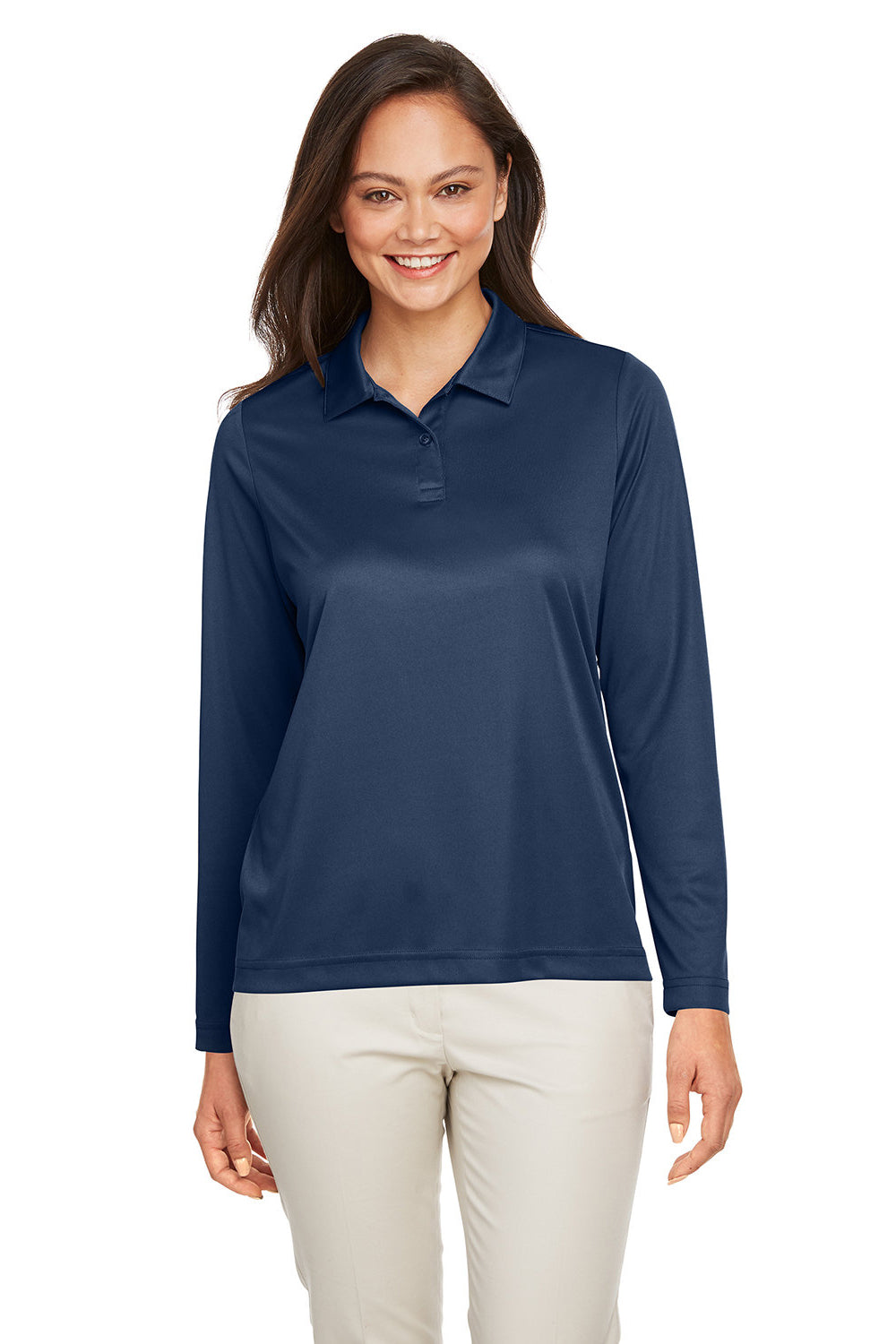 Team 365 TT51LW Womens Zone Sonic Moisture Wicking Long Sleeve Polo Shirt Dark Navy Blue Model Front