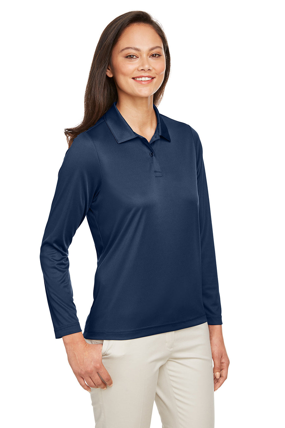 Team 365 TT51LW Womens Zone Sonic Moisture Wicking Long Sleeve Polo Shirt Dark Navy Blue Model 3q