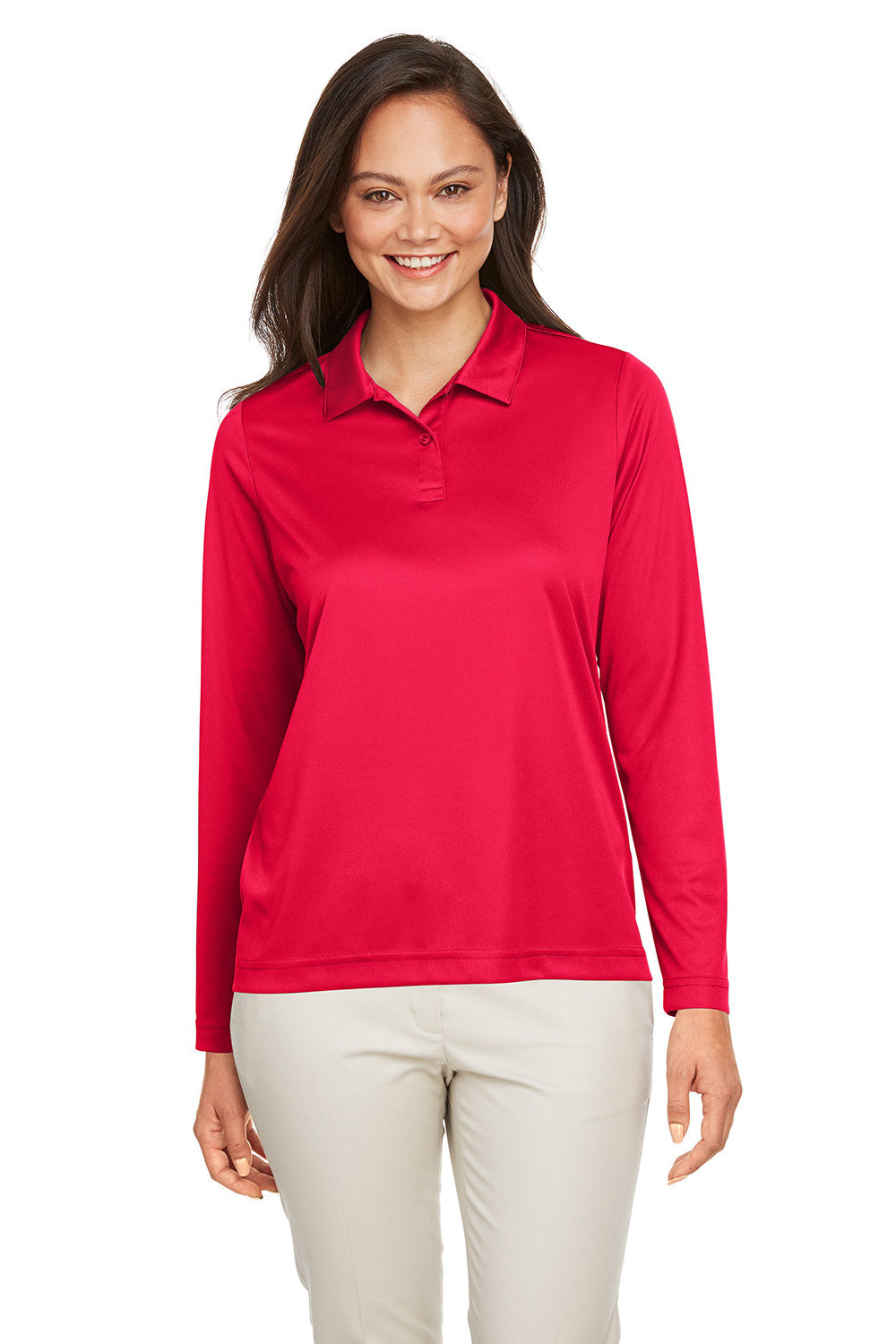 Team 365 TT51LW Womens Zone Sonic Moisture Wicking Long Sleeve Polo Shirt Red Model Front