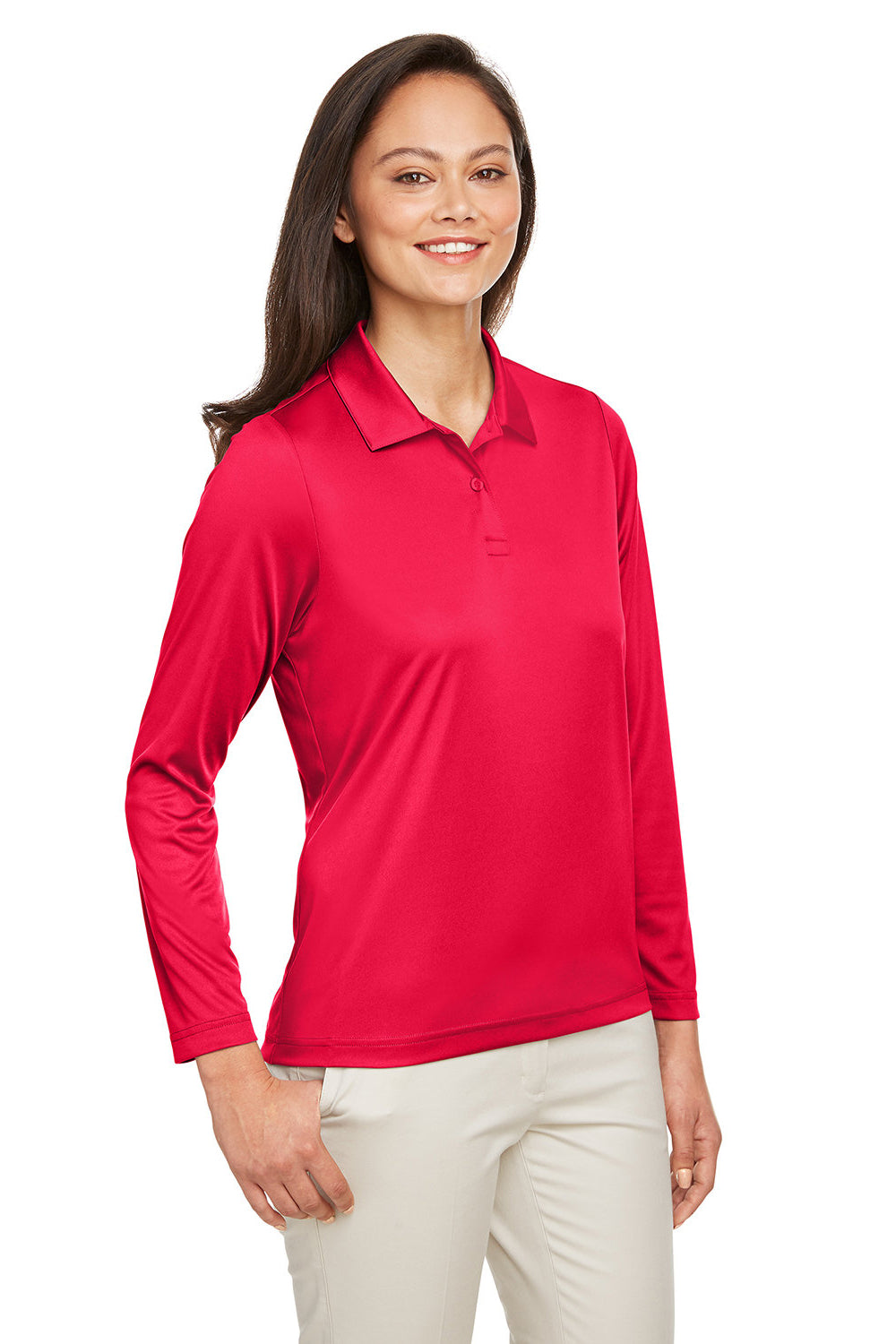 Team 365 TT51LW Womens Zone Sonic Moisture Wicking Long Sleeve Polo Shirt Red Model 3q