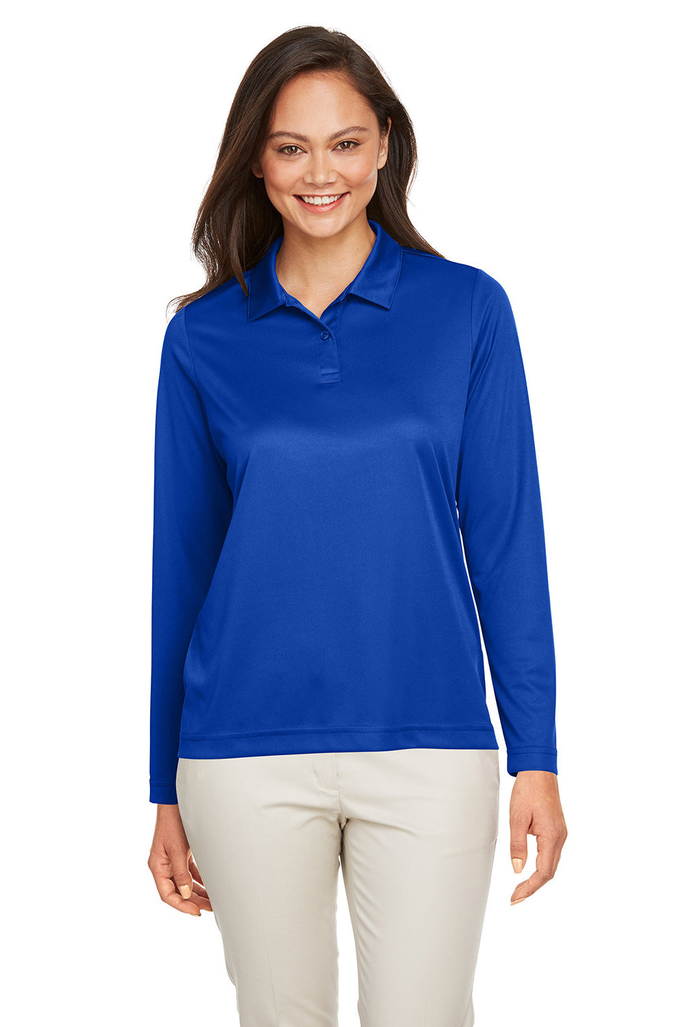 Team 365 TT51LW Womens Zone Sonic Moisture Wicking Long Sleeve Polo Shirt Royal Blue Model Front