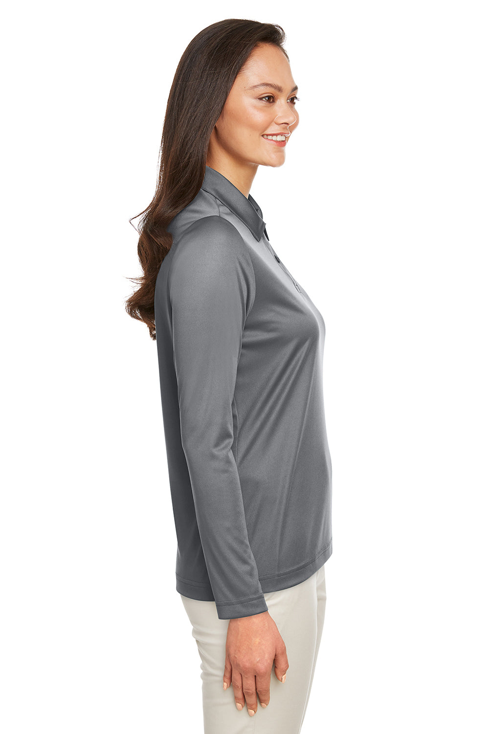 Team 365 TT51LW Womens Zone Sonic Moisture Wicking Long Sleeve Polo Shirt Graphite Grey Model Side