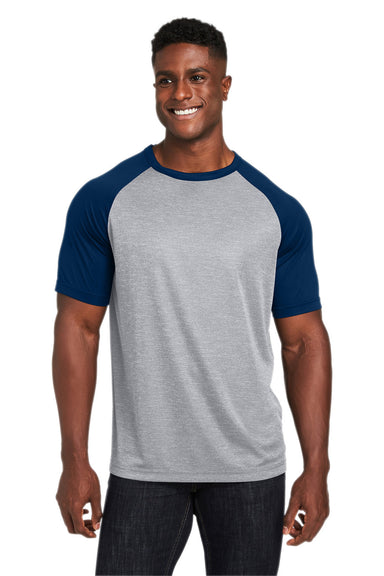 Team 365 TT62 Mens Zone Colorblock Moisture Wicking Short Sleeve Crewneck T-Shirt Heather Grey/Dark Navy Blue Model Front