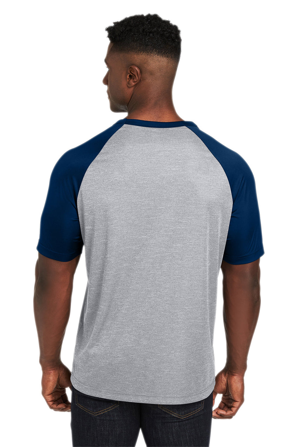 Team 365 TT62 Mens Zone Colorblock Moisture Wicking Short Sleeve Crewneck T-Shirt Heather Grey/Dark Navy Blue Model Back