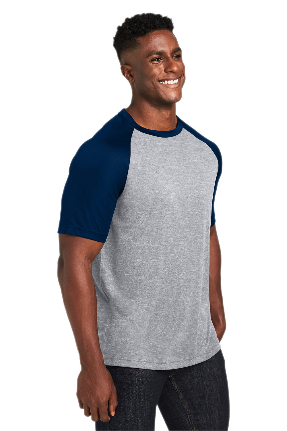 Team 365 TT62 Mens Zone Colorblock Moisture Wicking Short Sleeve Crewneck T-Shirt Heather Grey/Dark Navy Blue Model 3q