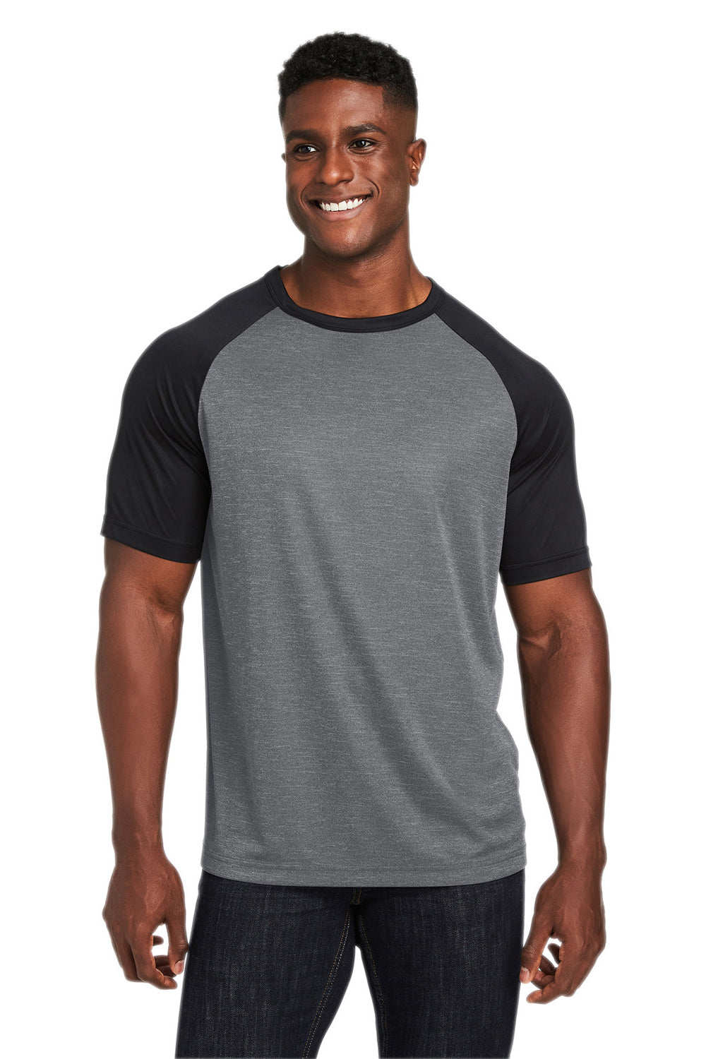 Team 365 TT62 Mens Zone Colorblock Moisture Wicking Short Sleeve Crewneck T-Shirt Heather Dark Grey/Black Model Front