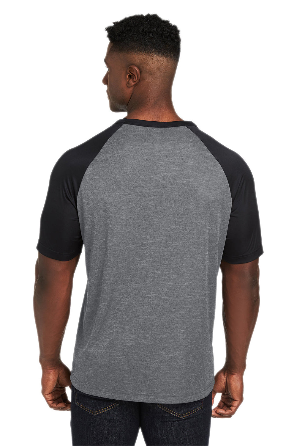 Team 365 TT62 Mens Zone Colorblock Moisture Wicking Short Sleeve Crewneck T-Shirt Heather Dark Grey/Black Model Back