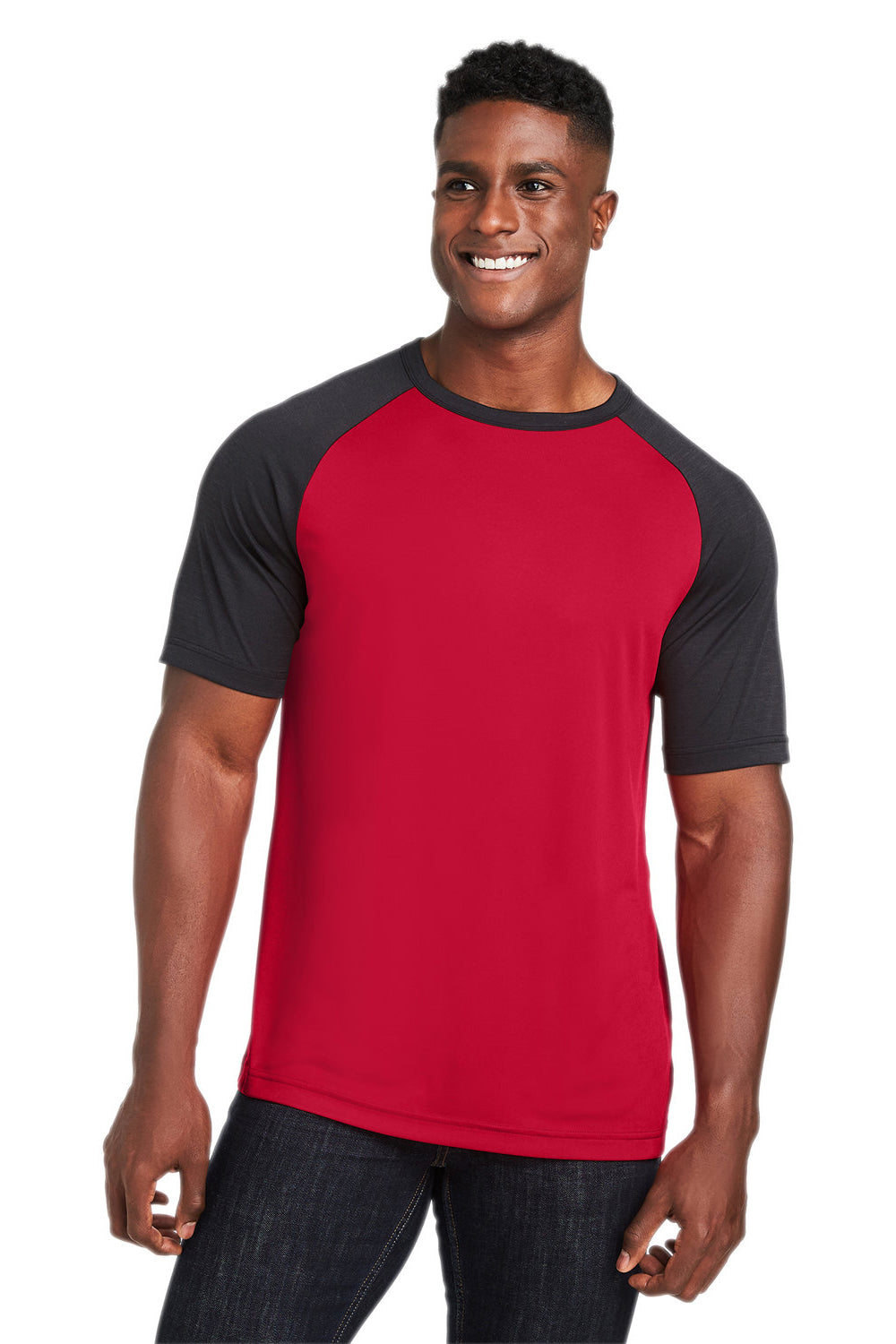 Team 365 TT62 Mens Zone Colorblock Moisture Wicking Short Sleeve Crewneck T-Shirt Red/Heather Black Model Front