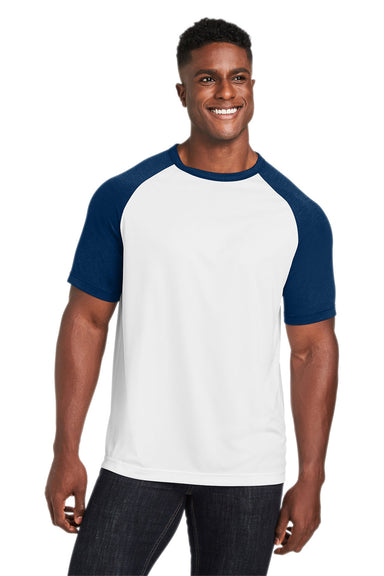 Team 365 TT62 Mens Zone Colorblock Moisture Wicking Short Sleeve Crewneck T-Shirt White/Heather Dark Navy Blue Model Front