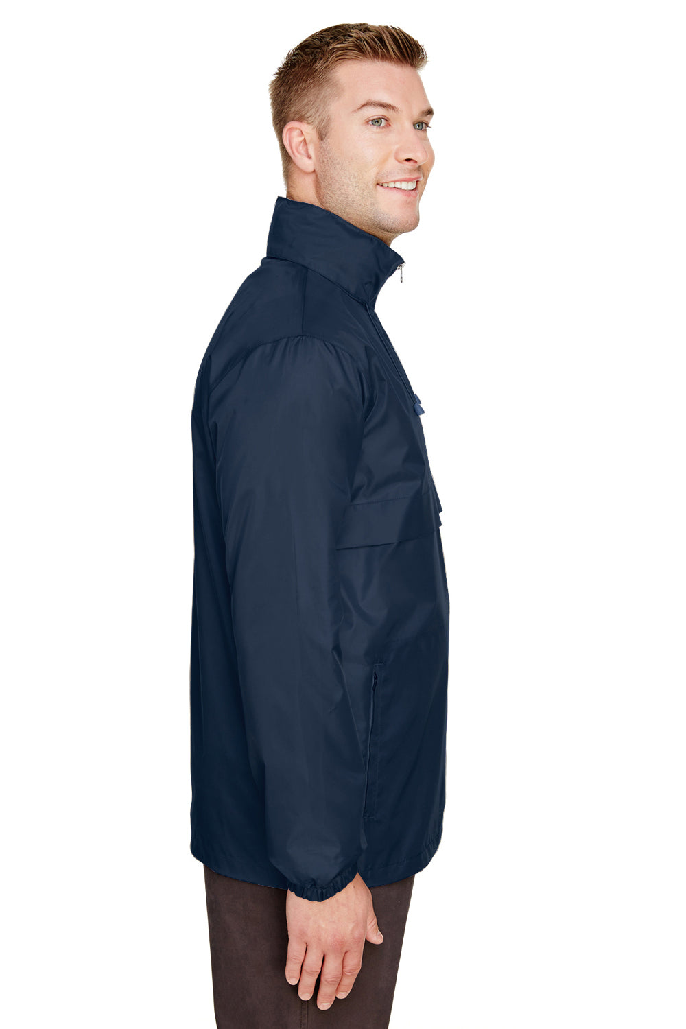 Team 365 TT73 Mens Zone Protect Water Resistant Full Zip Hooded Jacket Dark Navy Blue Model Side