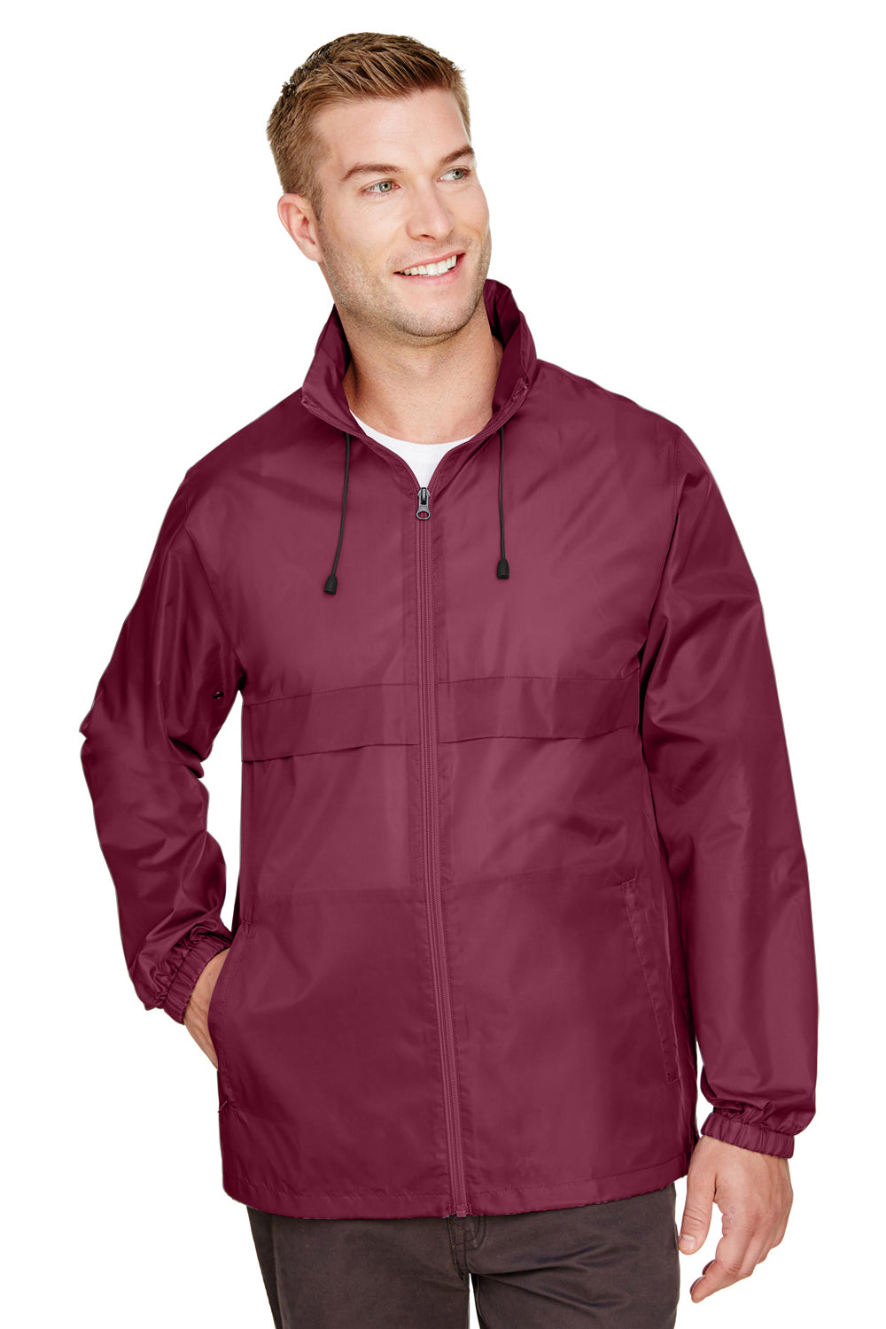 Team 365 TT73 Mens Zone Protect Water Resistant Full Zip Hooded Jacket Maroon Model Front