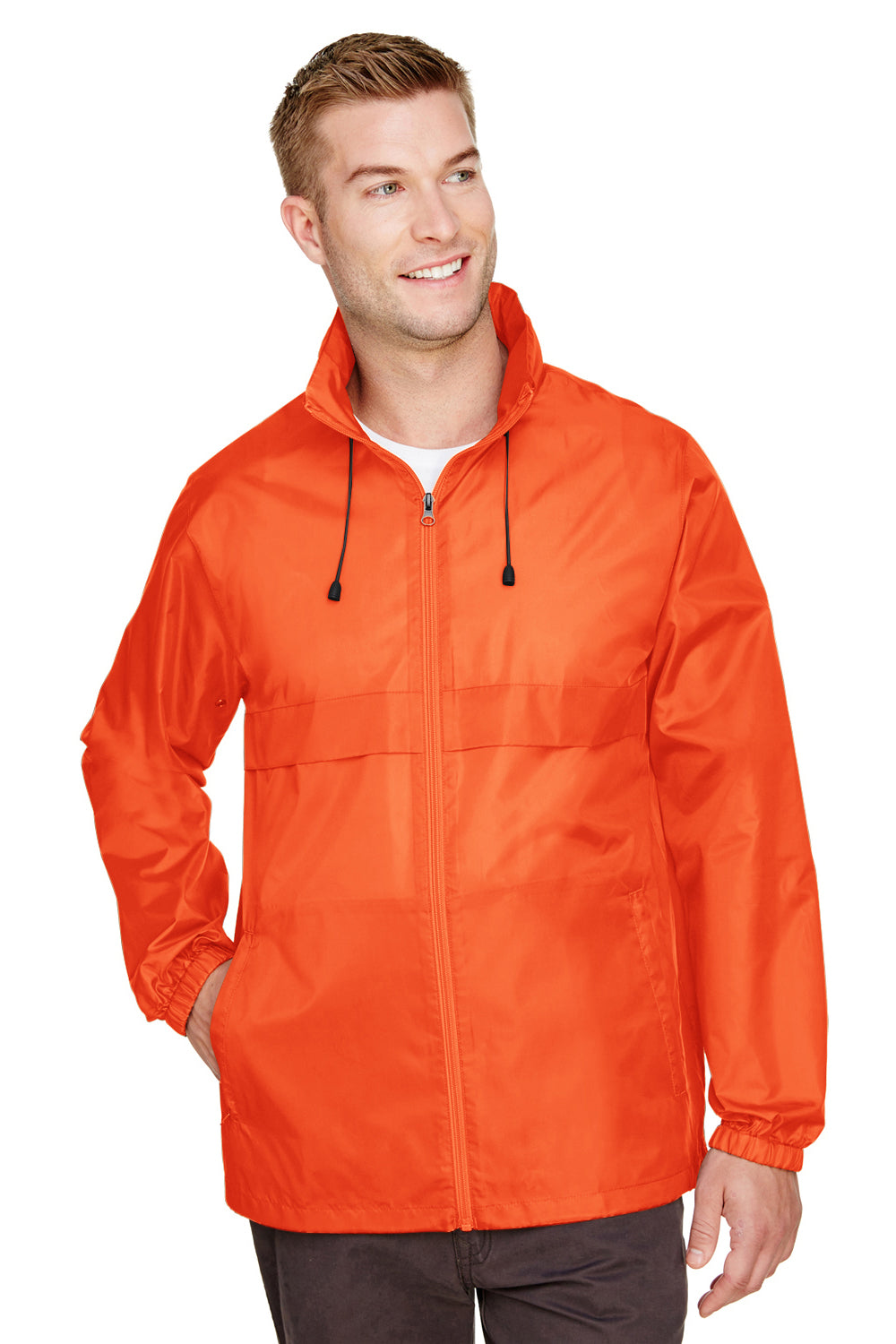 Team 365 TT73 Mens Zone Protect Water Resistant Full Zip Hooded Jacket Orange Model Front