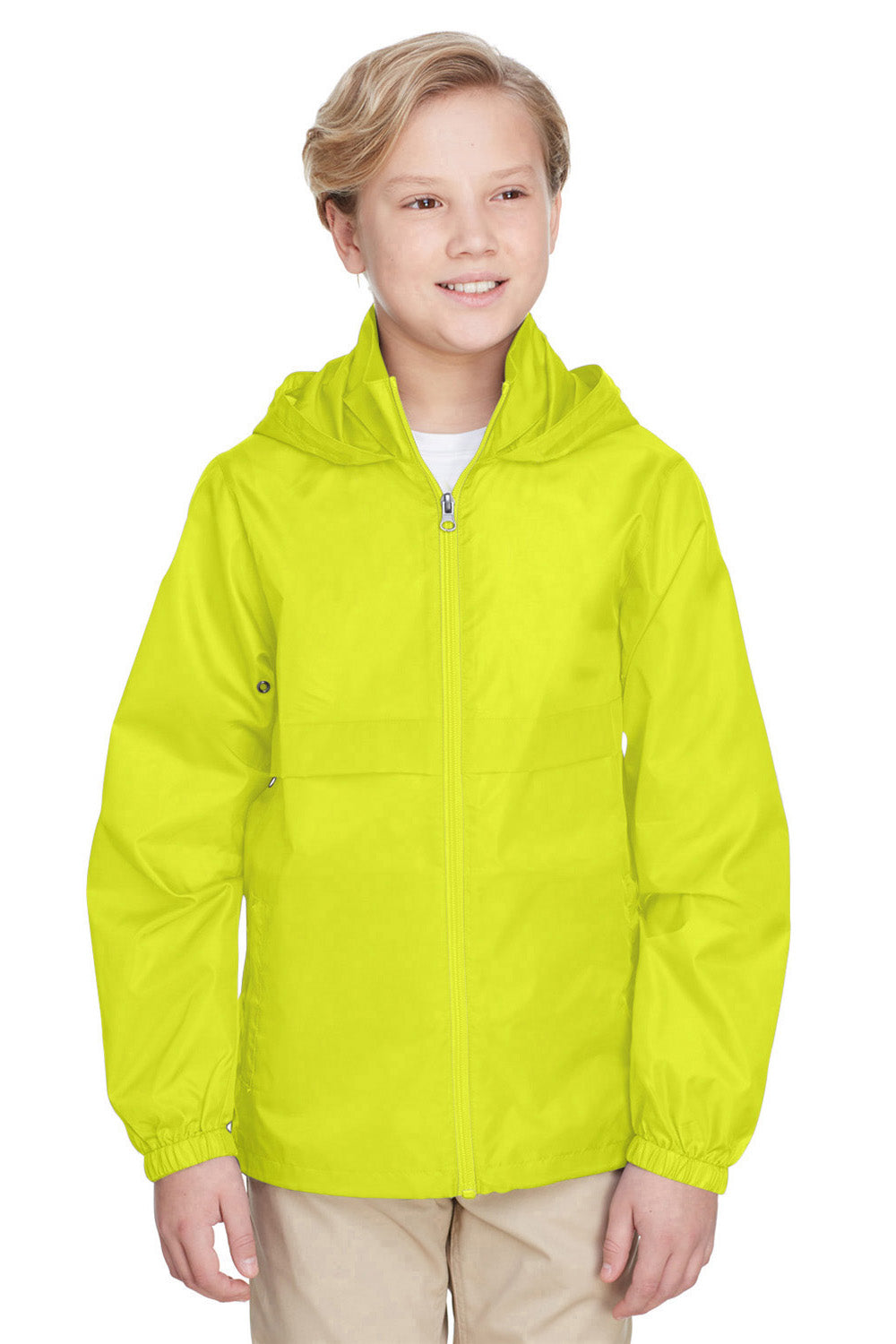 Team 365 TT73Y Youth Zone Protect Water Resistant Full Zip Hooded Jacket Safety Yellow Model Front