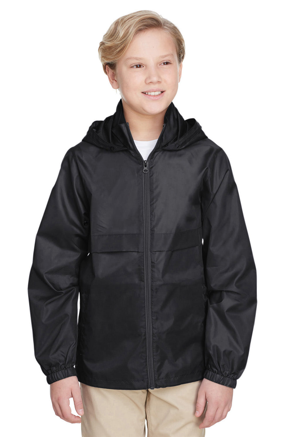 Team 365 TT73Y Youth Zone Protect Water Resistant Full Zip Hooded Jacket Black Model Front