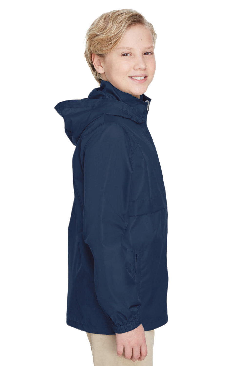 Team 365 TT73Y Youth Zone Protect Water Resistant Full Zip Hooded Jacket Dark Navy Blue Model Side