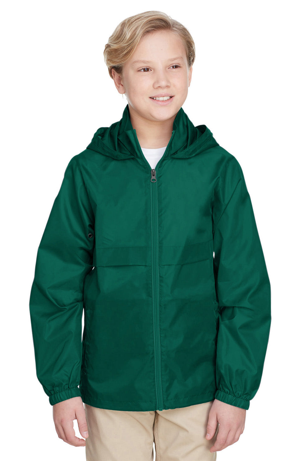 Team 365 TT73Y Youth Zone Protect Water Resistant Full Zip Hooded Jacket Forest Green Model Front