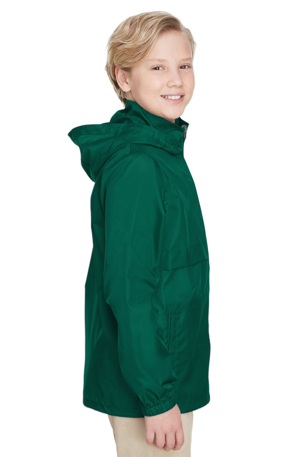 Team 365 TT73Y Youth Zone Protect Water Resistant Full Zip Hooded Jacket Forest Green Model Side