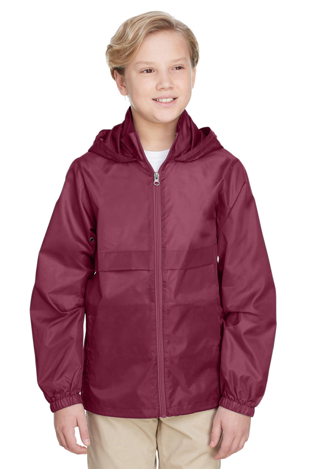 Team 365 TT73Y Youth Zone Protect Water Resistant Full Zip Hooded Jacket Maroon Model Front