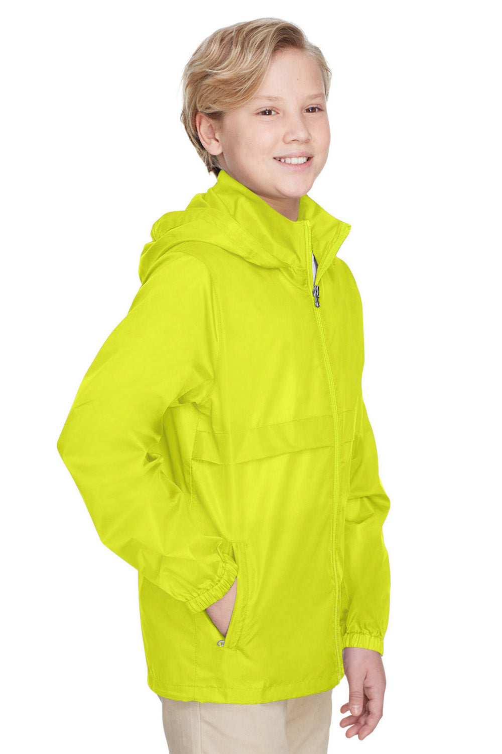 Team 365 TT73Y Youth Zone Protect Water Resistant Full Zip Hooded Jacket Safety Yellow Model 3q