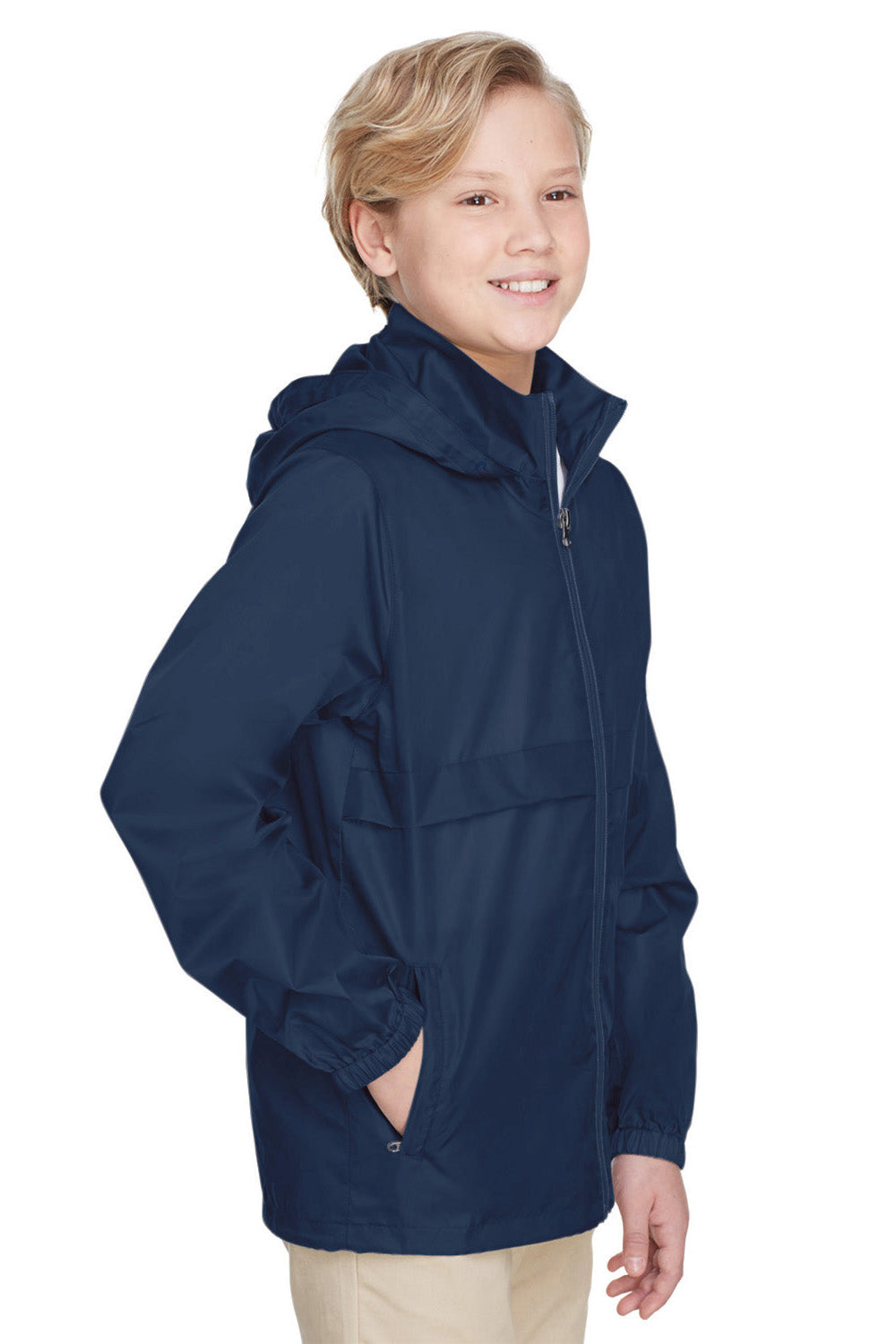 Team 365 TT73Y Youth Zone Protect Water Resistant Full Zip Hooded Jacket Dark Navy Blue Model 3q