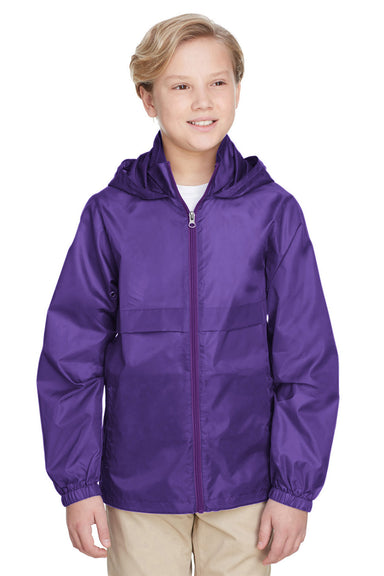 Team 365 TT73Y Youth Zone Protect Water Resistant Full Zip Hooded Jacket Purple Model Front