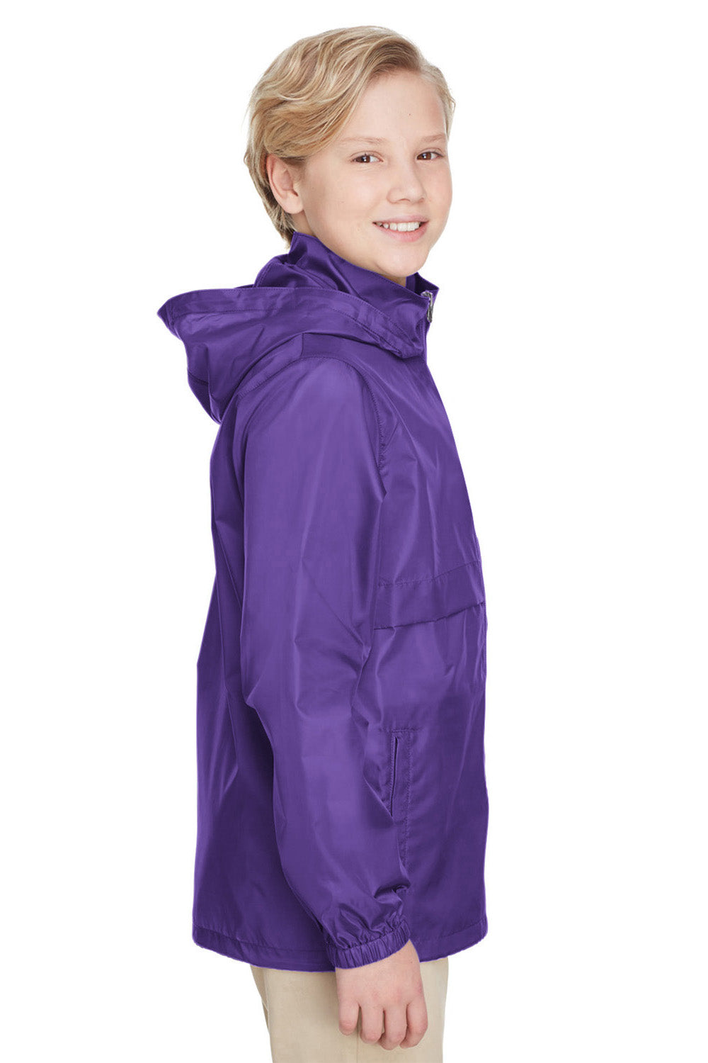 Team 365 TT73Y Youth Zone Protect Water Resistant Full Zip Hooded Jacket Purple Model Side