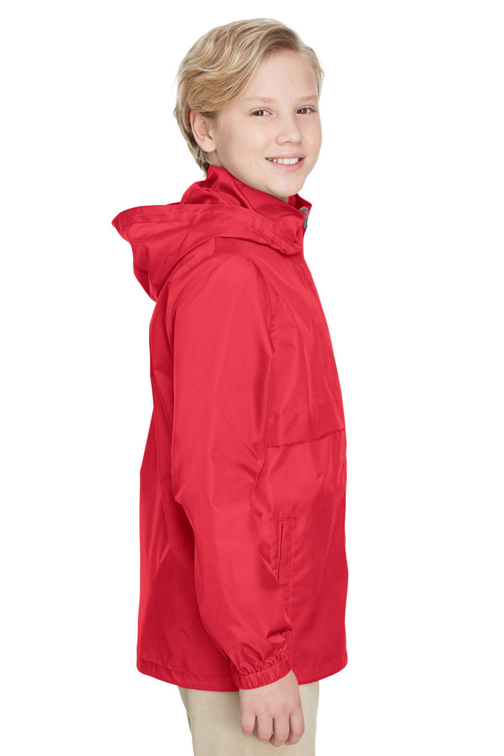 Team 365 TT73Y Youth Zone Protect Water Resistant Full Zip Hooded Jacket Red Model Side