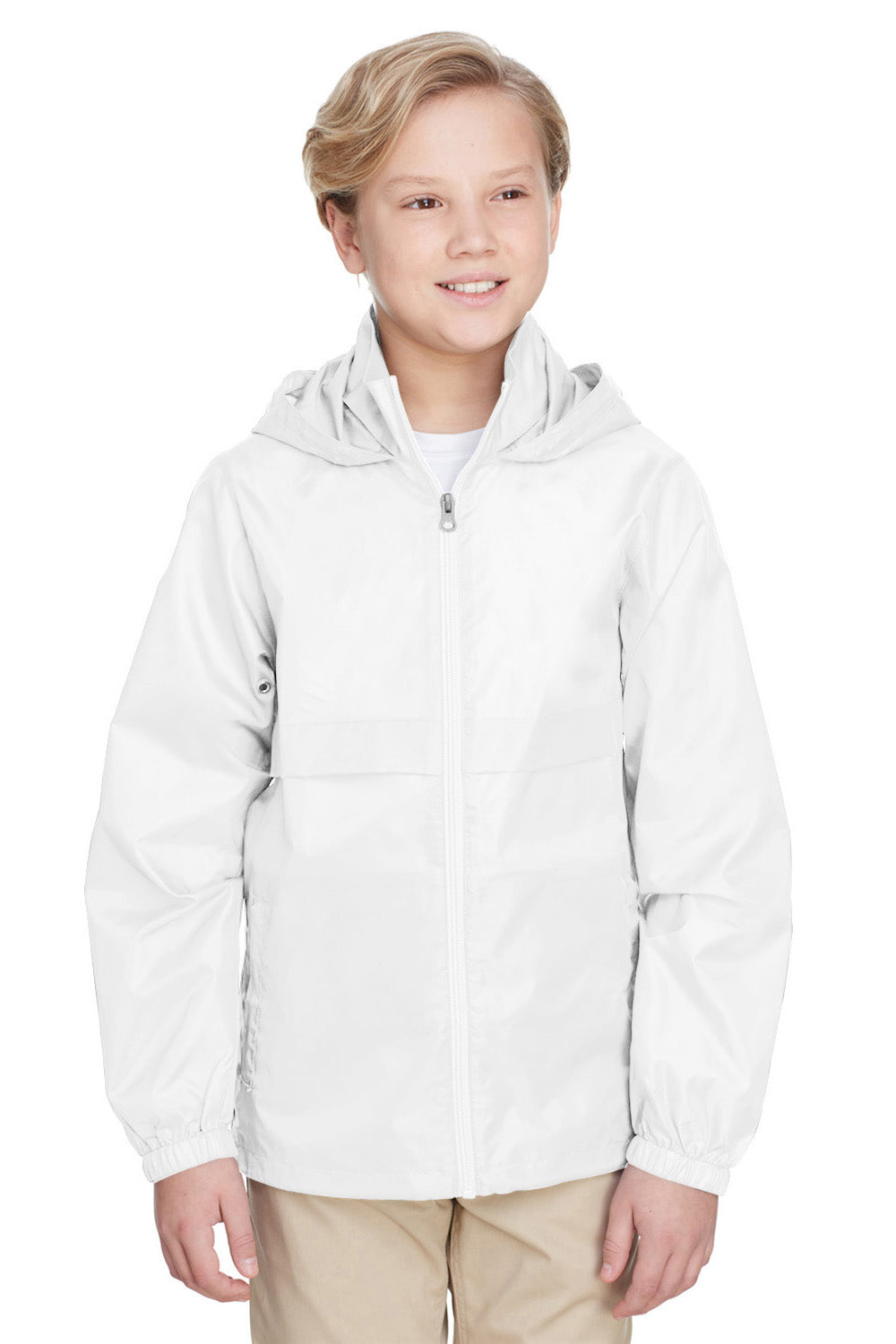 Team 365 TT73Y Youth Zone Protect Water Resistant Full Zip Hooded Jacket White Model Front