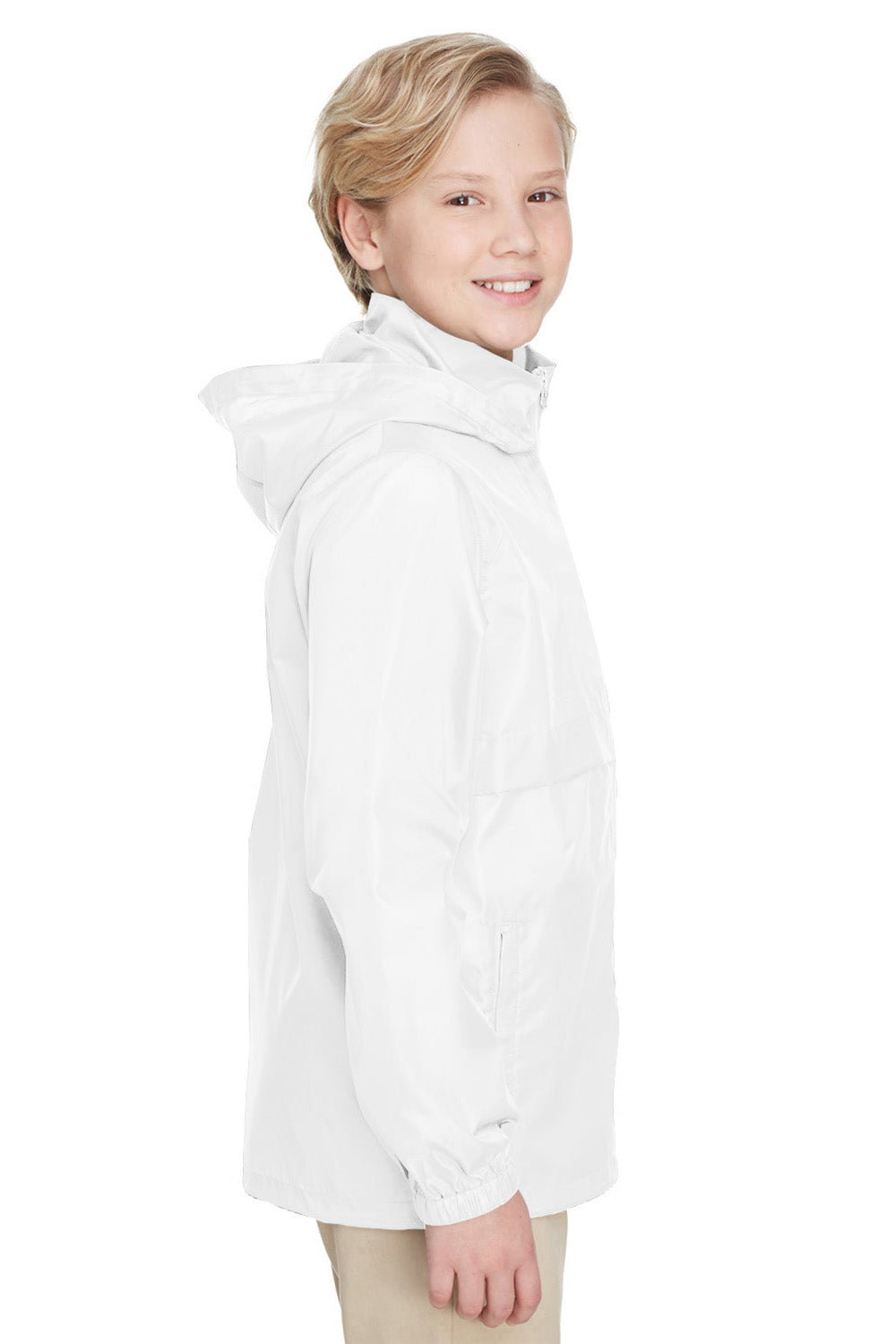 Team 365 TT73Y Youth Zone Protect Water Resistant Full Zip Hooded Jacket White Model Side