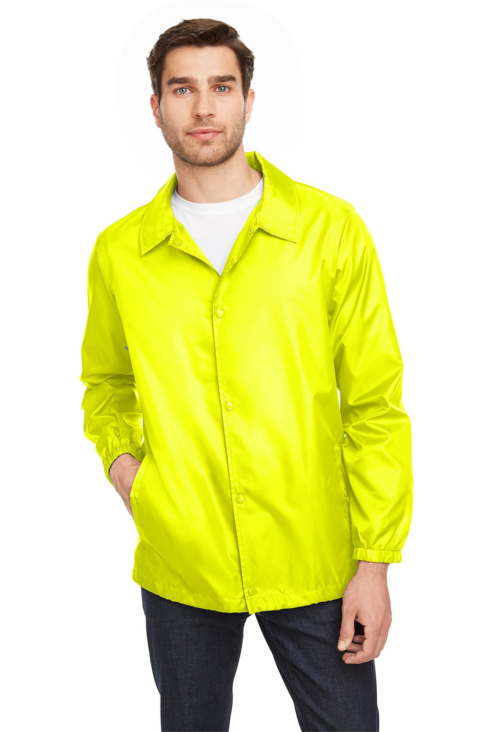 Team 365 TT75 Mens Zone Protect Water Resistant Snap Down Coaches Jacket Safety Yellow Model Front