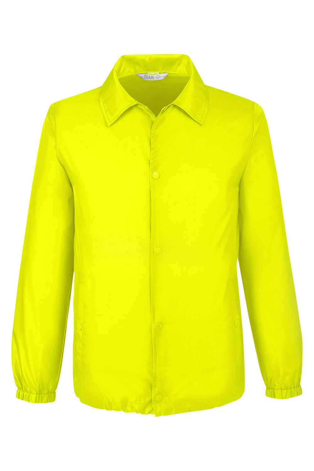 Team 365 TT75 Mens Zone Protect Water Resistant Snap Down Coaches Jacket Safety Yellow Flat Front