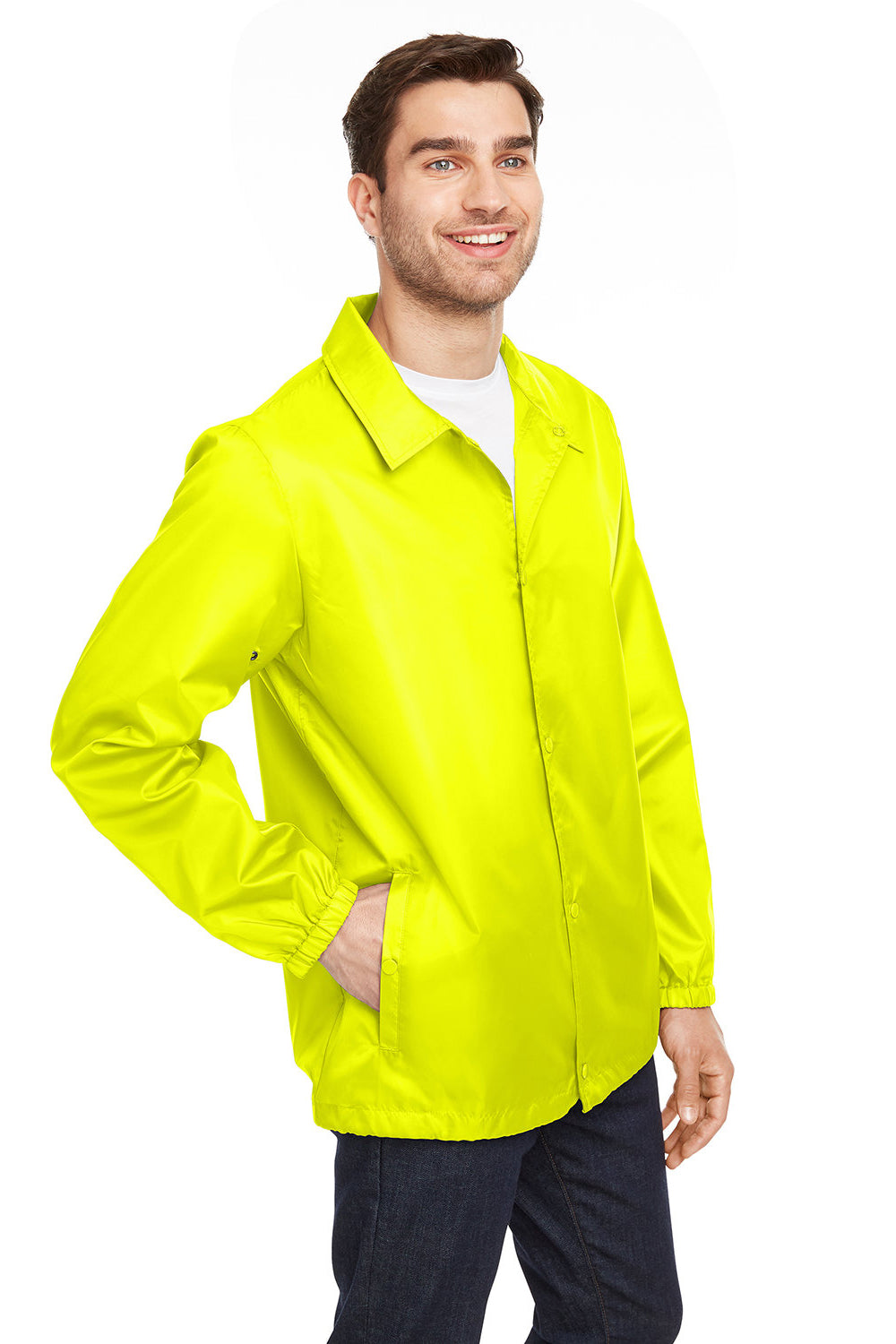 Team 365 TT75 Mens Zone Protect Water Resistant Snap Down Coaches Jacket Safety Yellow Model 3q