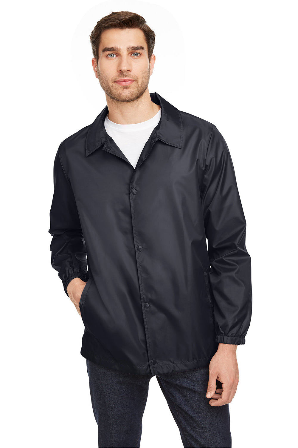 Team 365 TT75 Mens Zone Protect Water Resistant Snap Down Coaches Jacket Black Model Front