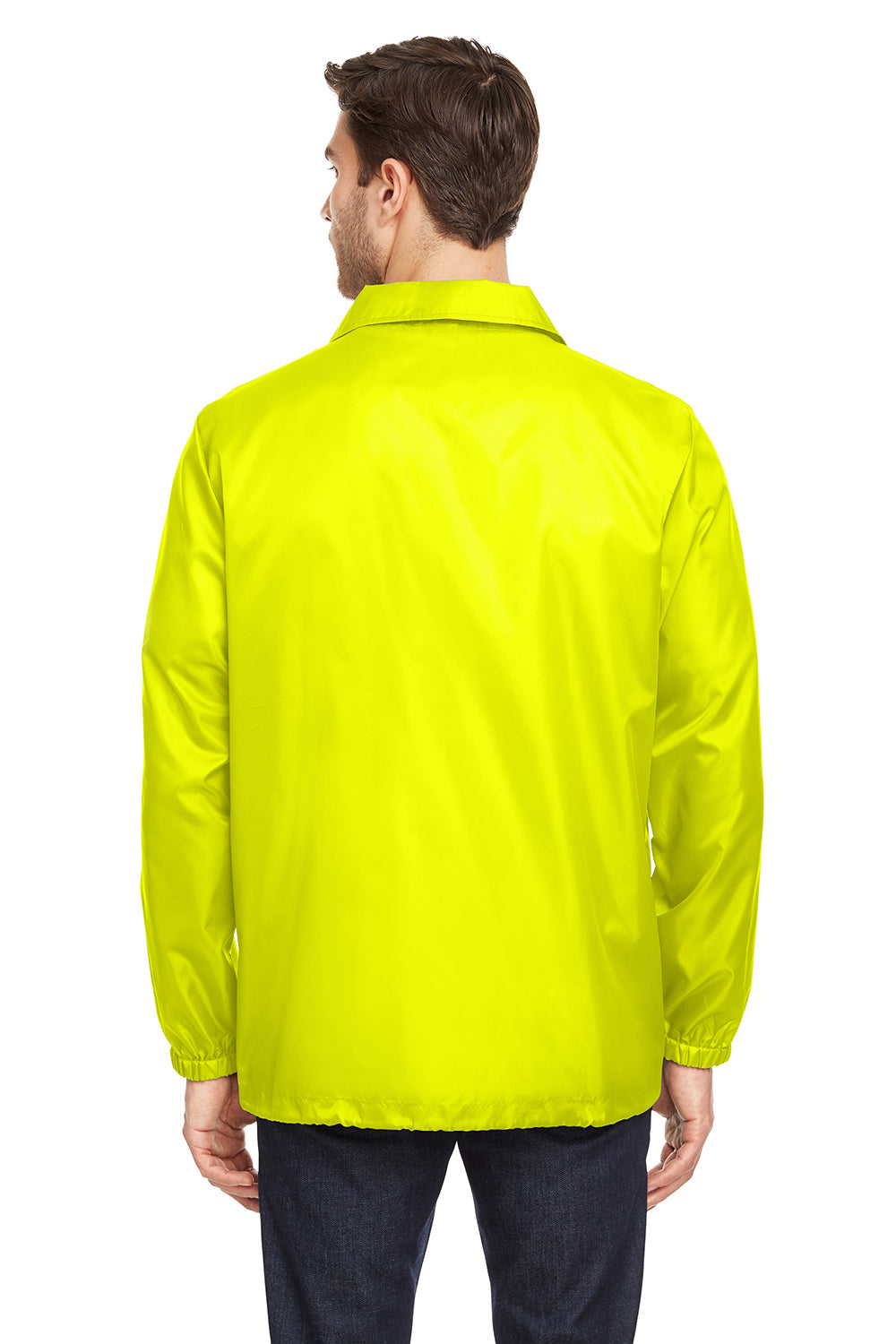 Team 365 TT75 Mens Zone Protect Water Resistant Snap Down Coaches Jacket Safety Yellow Model Back