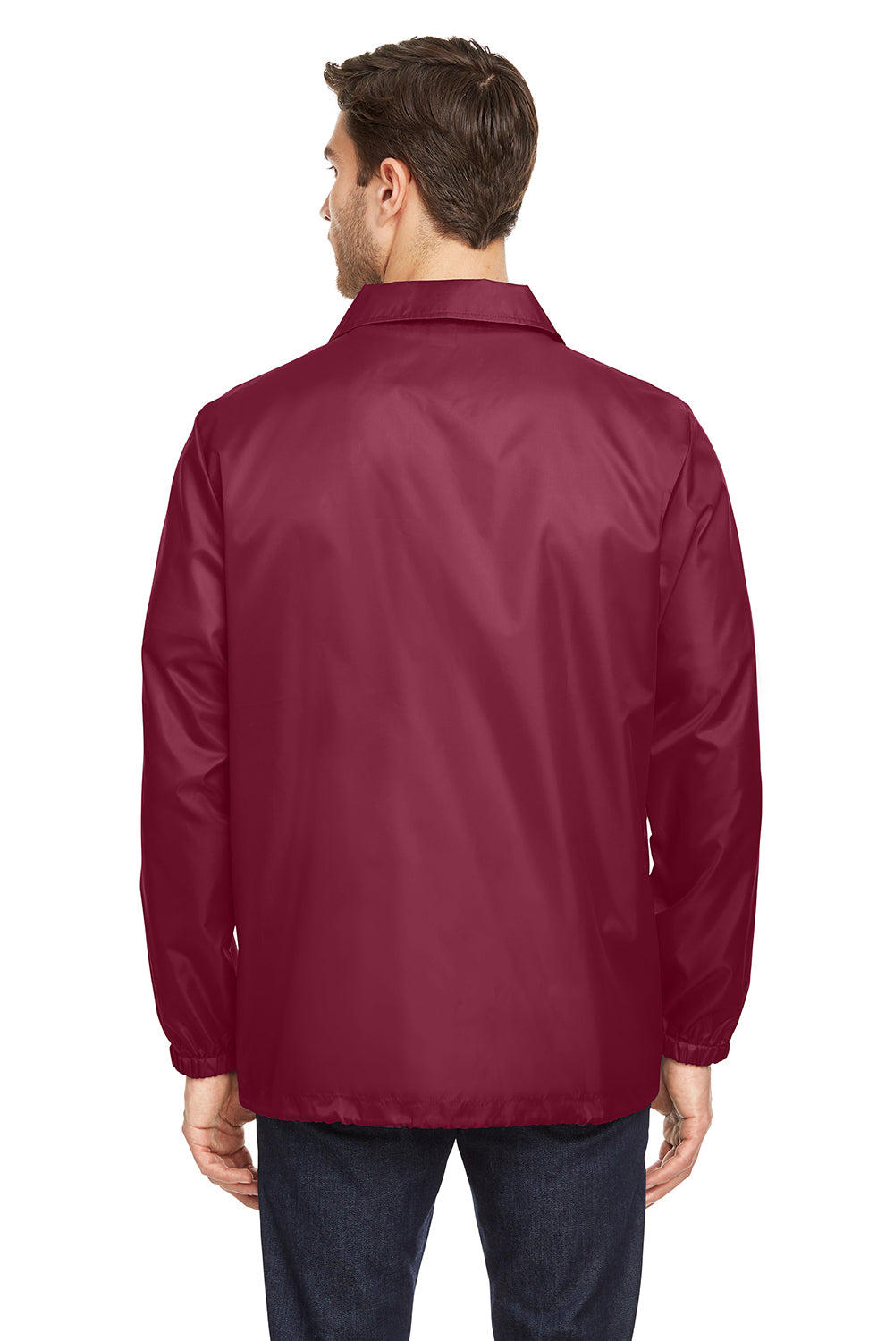 Team 365 TT75 Mens Zone Protect Water Resistant Snap Down Coaches Jacket Maroon Model Back